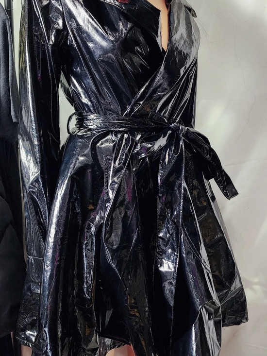 Dresses & Skirts - Glossy Black Faux-Leather Wrap Dress with Tie Waist